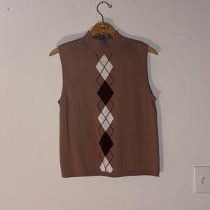 Chic Brown Argyle Sleeveless Turtleneck Sweater